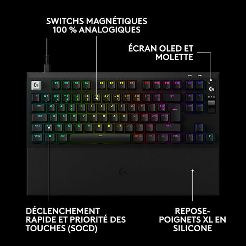 Clavier mécanique Logitech avec touches magnétiques analogiques, écran OLED et molette de contrôle. Le clavier est noir avec des touches rétroéclairées et inclut un repose-poignets XL en silicone.