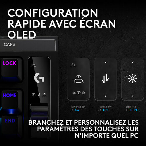 Présentation d'un clavier gaming avec écran OLED intégré permettant de personnaliser rapidement les réglages comme le Rapid Trigger ou le Lightsync.