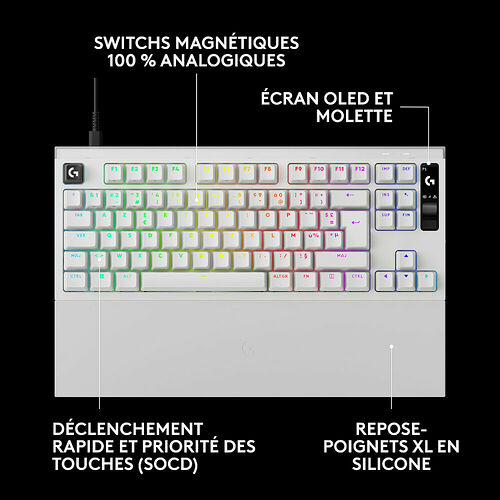 Clavier mécanique Logitech blanc avec touches magnétiques analogiques, écran OLED et molette de contrôle. Il dispose d'un repose-poignets XL en silicone.