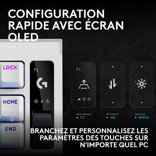 Clavier mécanique avec écran OLED intégré permettant de personnaliser les paramètres comme le Rapid Trigger ou le Lightsync. L'écran affiche des icônes de configuration et des réglages personnalisés.