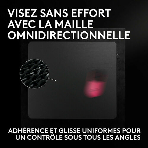 Tapis de souris Logitech noir avec une texture de maille omnidirectionnelle pour une glisse uniforme.