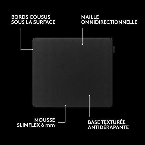 Tapis de souris noir avec bords cousus, surface en maille omnidirectionnelle, mousse Slimflex de 6 mm et base texturée antidérapante.