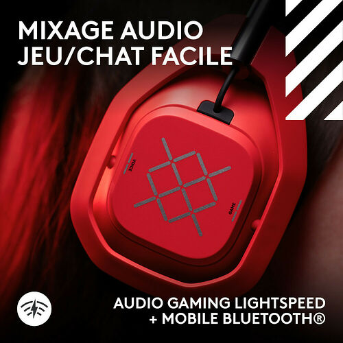Casque gaming rouge avec contrôle de mixage audio entre le jeu et le chat, doté de la technologie Lightspeed et du Bluetooth.