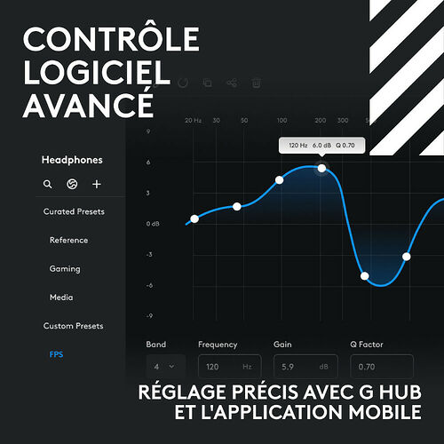 Interface logicielle de réglage audio montrant un égaliseur graphique avec différentes fréquences, disponible via l'application G HUB ou mobile.