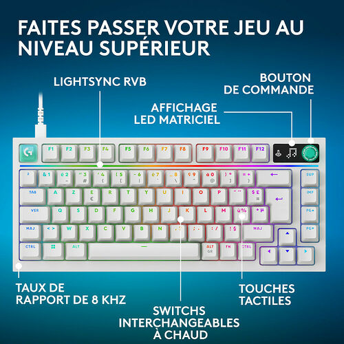 Clavier mécanique gaming avec rétroéclairage RGB, touches tactiles et switches interchangeables à chaud. Il dispose d'un affichage LED matriciel et d'un bouton de commande.