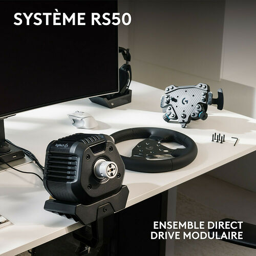 Ensemble de volant Logitech comprenant une base Direct Drive modulaire, un volant sport noir et un pédalier, le tout disposé sur un bureau blanc devant un écran.