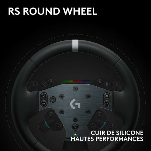 Volant de course Logitech RS Round Wheel avec une finition en cuir de silicone haute performance et des boutons de commande intégrés.