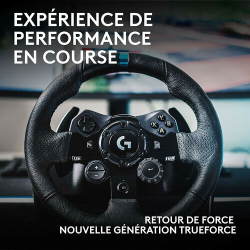 Volant de course Logitech avec retour de force Trueforce, doté d'un revêtement en cuir noir et de boutons de commande intégrés.