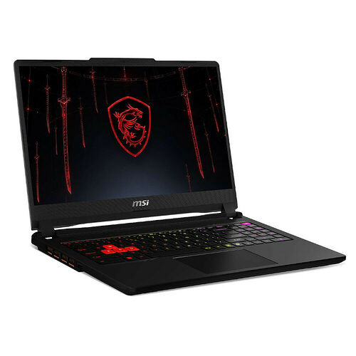 Ordinateur portable MSI avec un clavier rétroéclairé rouge et un fond d'écran affichant le logo MSI sur fond noir avec des épées rouges.