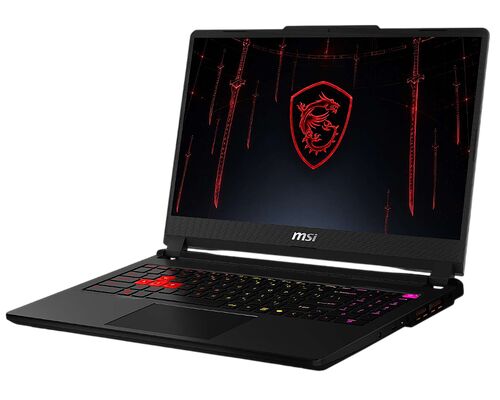 Ordinateur portable MSI avec un clavier rétroéclairé rouge et un fond d'écran affichant le logo MSI entouré d'épées rouges.
