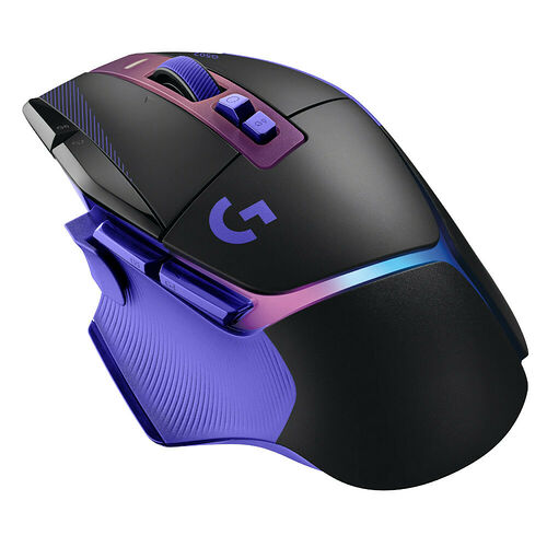 Souris Logitech G502 avec un design noir et violet et un éclairage RGB coloré. Elle présente plusieurs boutons programmables et une molette de défilement.