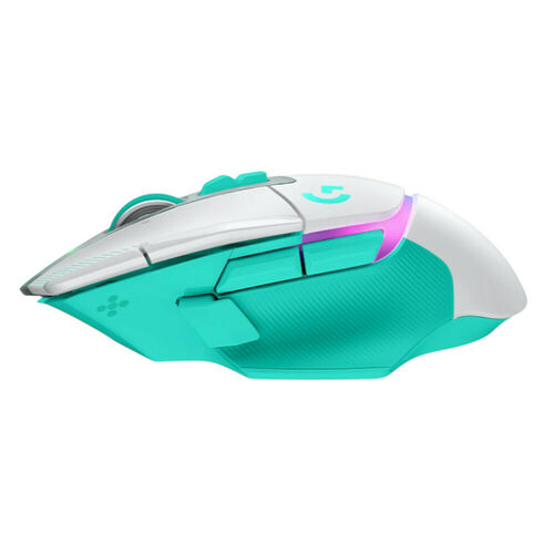 Souris Logitech de couleur turquoise et blanche avec des accents violets.
