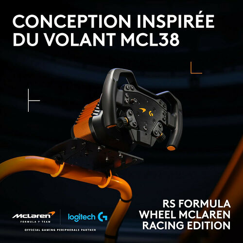 Volant de course Logitech McLaren Racing Edition, inspiré du volant MCL38, avec une finition noire et des détails orange.