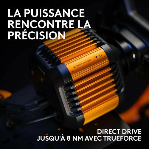 Base de volant avec un système Direct Drive orange et noir, affichant la technologie Trueforce.