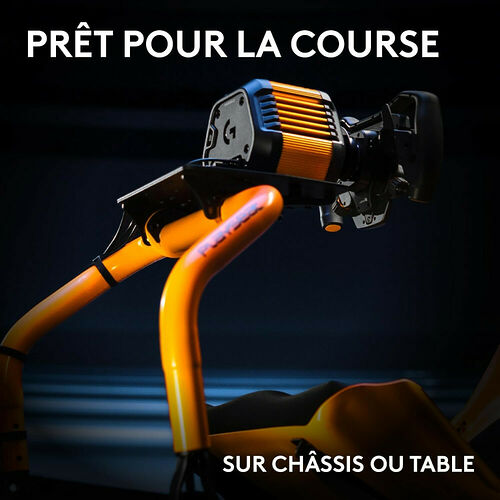 Un support de volant orange et noir monté sur un châssis de simulation de course, avec le texte « Prêt pour la course » et « Sur châssis ou table ».