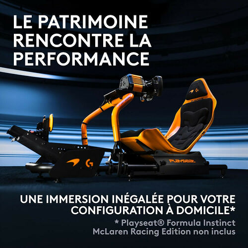 Un cockpit de simulation de course Playseat Formula Instinct McLaren Racing Edition, de couleur orange et noire, conçu pour une immersion totale.