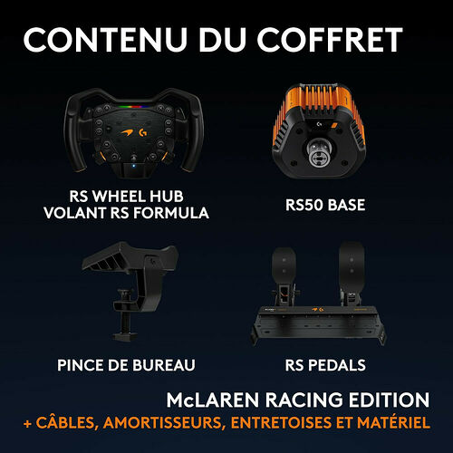 Contenu du coffret McLaren Racing Edition comprenant un volant RS Formula, une base RS50, des pédales RS et une pince de bureau.