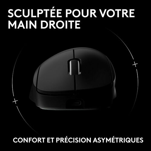 Une souris gaming noire au design ergonomique asymétrique, conçue pour le confort de la main droite.