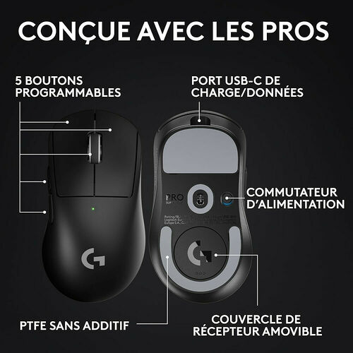 Présentation d'une souris Logitech Pro noire montrant ses caractéristiques : 5 boutons programmables, un port USB-C, un commutateur d'alimentation et un couvercle de récepteur amovible.