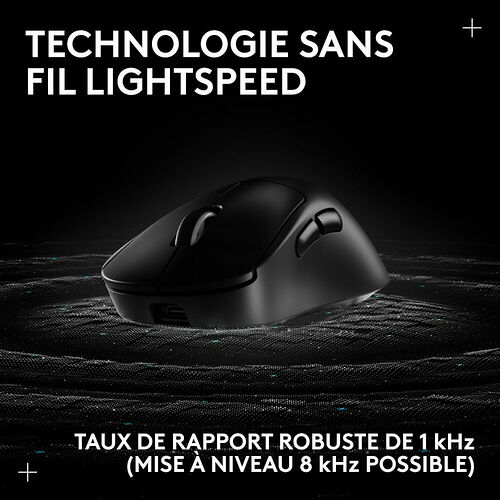 Souris sans fil noire avec technologie Lightspeed et un taux de rapport de 1 kHz.