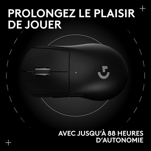 Une souris Logitech noire présentée de dessus sur un fond sombre, mettant en avant son design ergonomique et son autonomie de 88 heures.