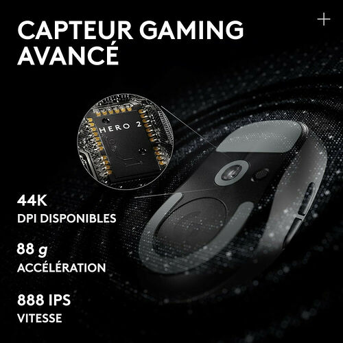 Présentation d'une souris gaming avec un zoom sur son capteur HERO 2. L'image met en avant ses performances avec 44K DPI, une accélération de 88 g et une vitesse de 888 IPS.