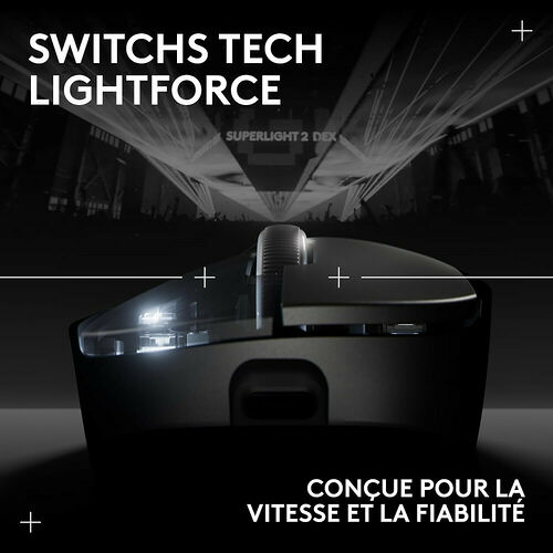 Une souris Logitech Superlight 2 DEX noire mettant en avant sa technologie de switch Lightforce.