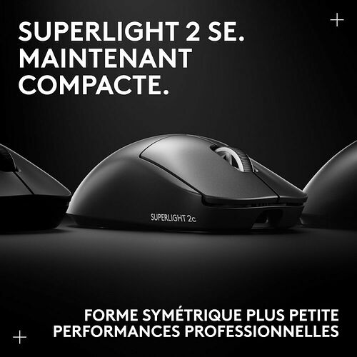 Souris Logitech Superlight 2 SE de couleur noire, présentant une forme symétrique et compacte pour des performances professionnelles.