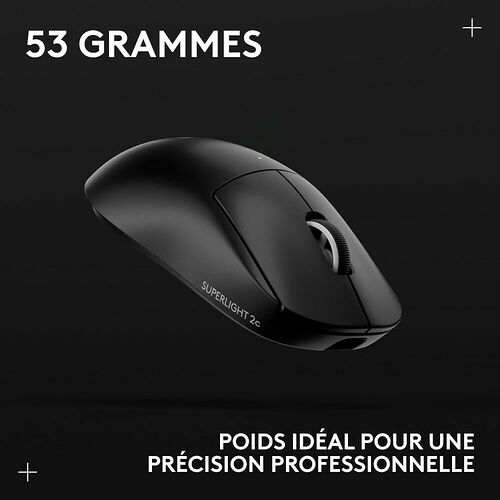Souris Logitech Superlight 2c noire ultra-légère de 53 grammes, conçue pour une précision professionnelle.