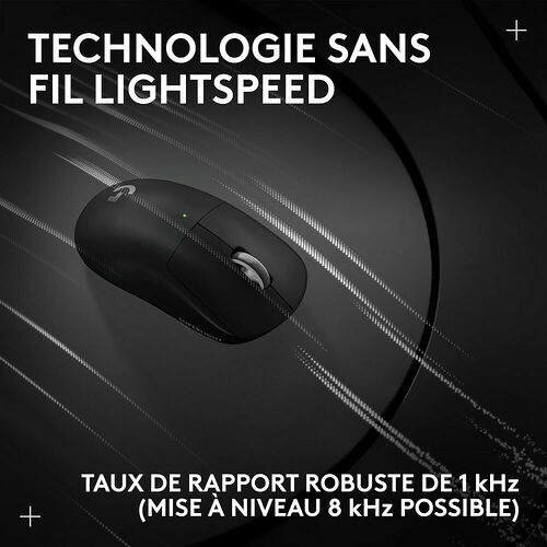 Souris sans fil Logitech Superlight noire, mettant en avant la technologie Lightspeed et un taux de rapport de 1 kHz.