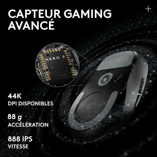 Une souris gaming noire et grise mettant en avant son capteur HERO 2 avec une précision de 44K DPI, une accélération de 88 g et une vitesse de 888 IPS.