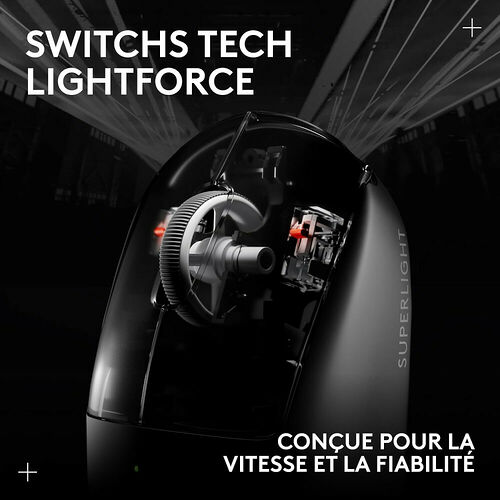 Présentation de la technologie de switches Lightforce intégrée dans une souris Logitech Superlight, mettant en avant les composants internes et la structure mécanique.