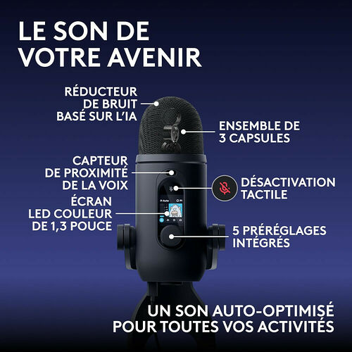 Microphone de streaming noir avec écran LED intégré, capteur de proximité et réduction de bruit par IA. Il dispose de cinq préréglages intégrés et d'une commande tactile pour désactiver le micro.