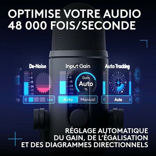 Image promotionnelle pour un microphone noir présentant des fonctionnalités de traitement audio comme le De-Noise, l'Input Gain et l'Auto Tracking avec des réglages automatiques.