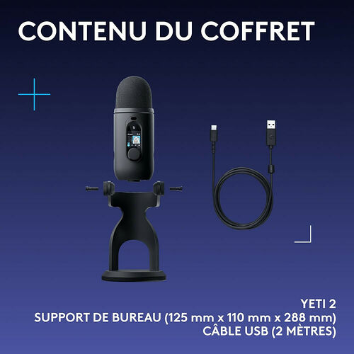 Contenu du coffret comprenant un microphone Blue Yeti sur son support de bureau noir et un câble USB de 2 mètres.