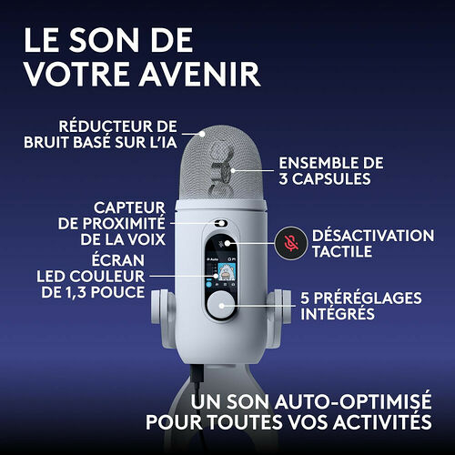 Microphone Elgato avec réduction de bruit par IA, trois capsules intégrées, écran LED couleur de 1,3 pouce et commande tactile pour désactivation du son.