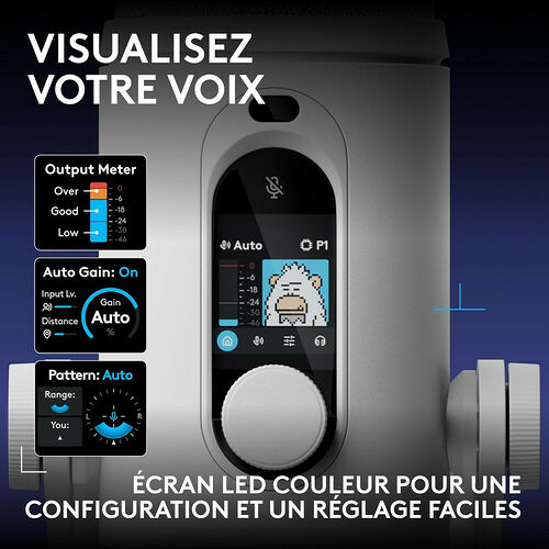 Microphone avec écran LED intégré affichant des indicateurs de niveau sonore, le réglage du gain et le motif de captation. L'écran affiche également une icône de mouton stylisée.