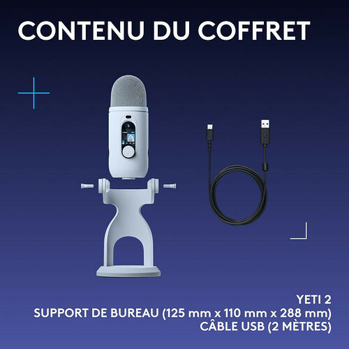 Contenu du coffret comprenant un micro Blue Yeti 2 blanc avec son support de bureau et un câble USB de 2 mètres.