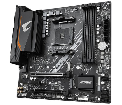 Carte mère Gigabyte Aorus Elite pour PC, de couleur noire avec des détails gris et des dissipateurs thermiques noirs.