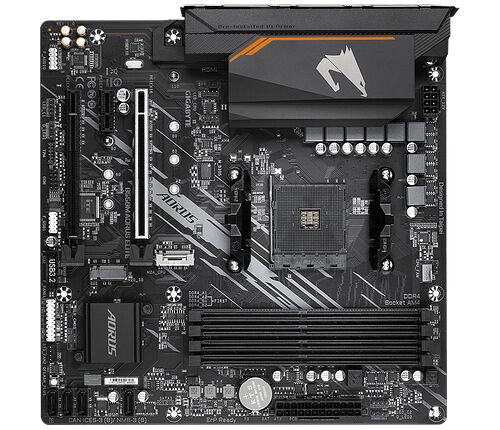 Carte mère Gigabyte Aorus Elite pour processeur AMD, de couleur noire avec des détails gris et des dissipateurs thermiques noirs.