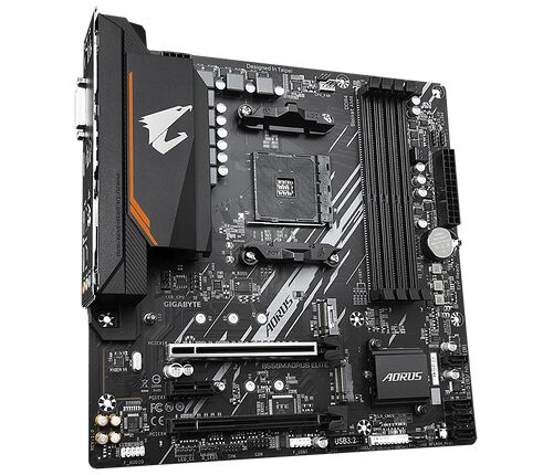 Carte mère Gigabyte Aorus Elite pour processeur AMD, de couleur noire avec des détails gris et des dissipateurs thermiques.