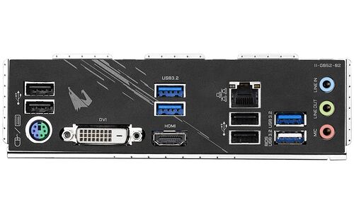 Panneau arrière d'une carte mère avec divers ports de connexion : ports USB 3.2 bleus, ports HDMI et DVI, ports USB classiques, un port Ethernet, des prises audio (Line In, Line Out, Mic) et un port PS/2.