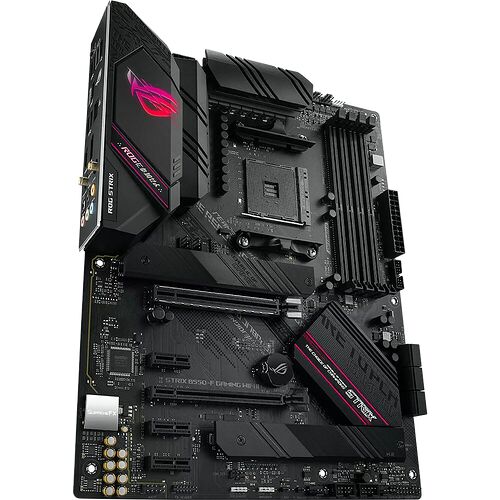 Carte mère ASUS ROG Strix B550-F Gaming WiFi, de couleur noire avec des accents rouges et des dissipateurs thermiques.