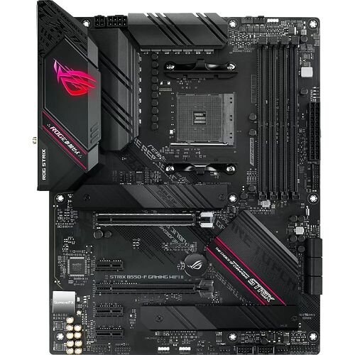 Carte mère ASUS ROG Strix B550-F Gaming WiFi, de couleur noire avec des accents rouges et des dissipateurs thermiques imposants.