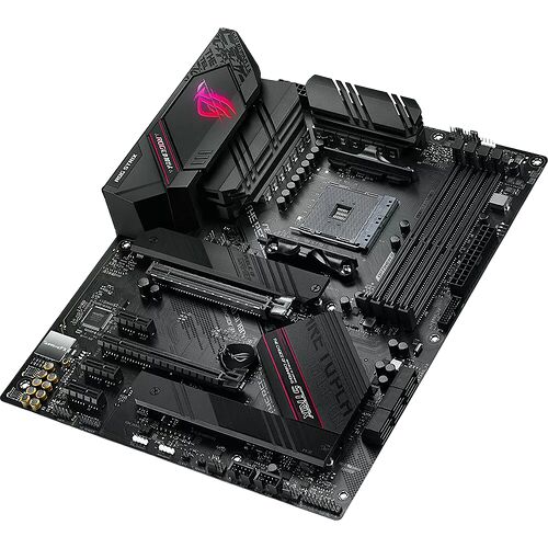 Carte mère ASUS ROG Strix de couleur noire avec des détails et un éclairage rose, équipée de dissipateurs thermiques et de plusieurs emplacements pour composants.