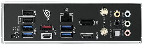 Panneau arrière d'une carte mère ASUS avec divers ports USB, connecteurs HDMI, DisplayPort, ports audio et sorties Wi-Fi.