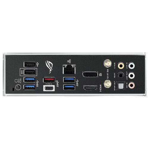 Panneau arrière d'une carte mère ASUS présentant divers ports : USB, HDMI, DisplayPort, ports audio et connecteur Wi-Fi.