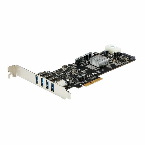Carte d'extension PCIe avec plusieurs ports USB bleus et un dissipateur thermique sur le circuit imprimé.