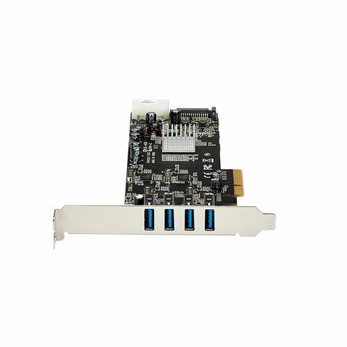 Carte d'extension PCIe avec quatre ports USB 3.0 bleus sur une équerre métallique argentée.