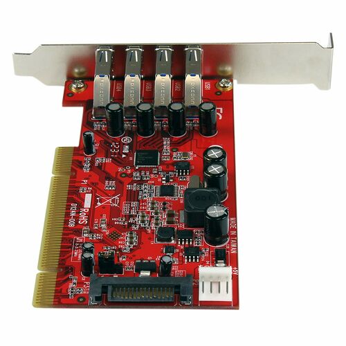 Carte d'extension PCI avec quatre ports USB argentés et un connecteur SATA, le tout monté sur un circuit imprimé rouge.
